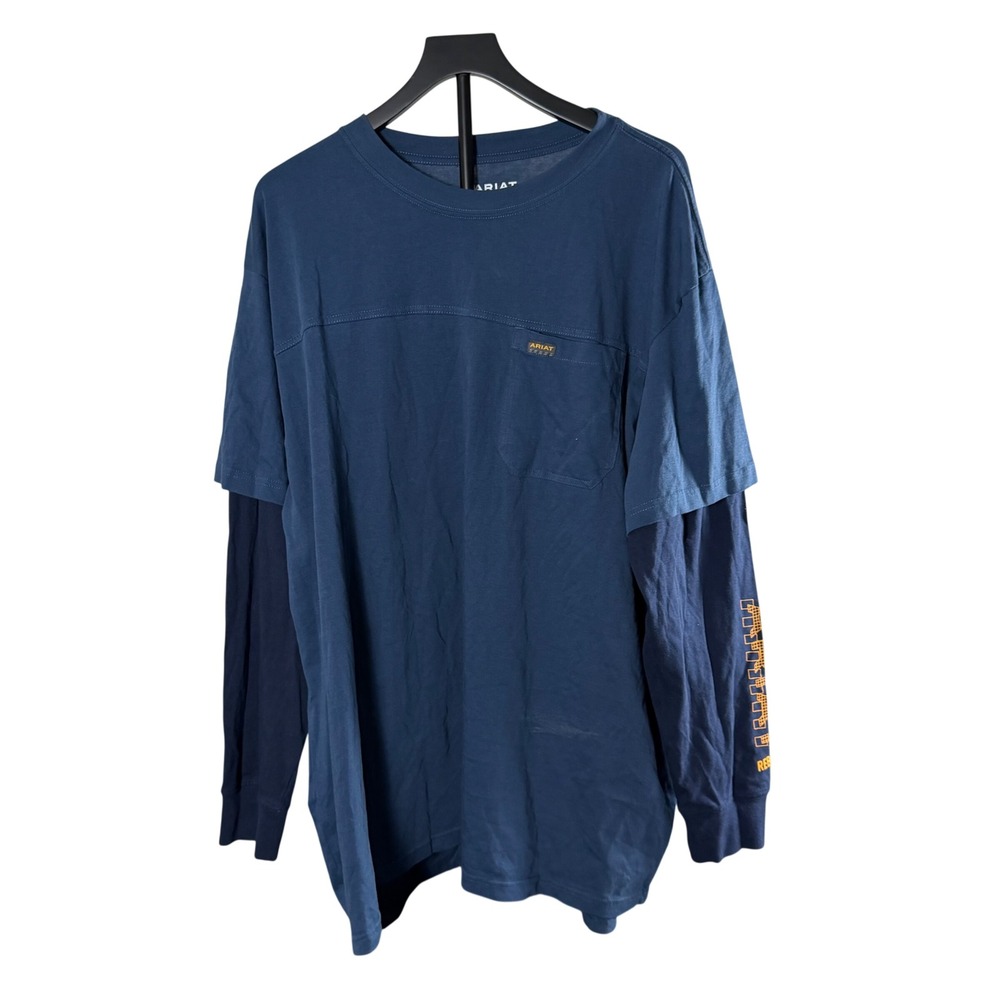 Ariat Rebar Mens 2XL Blue Layered Long Sleeve Pocket T-Shirt Graphic Work Top